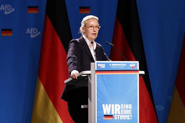 资料图：2024年，魏德尔在德国选择党党代会上发表讲话。视觉中国