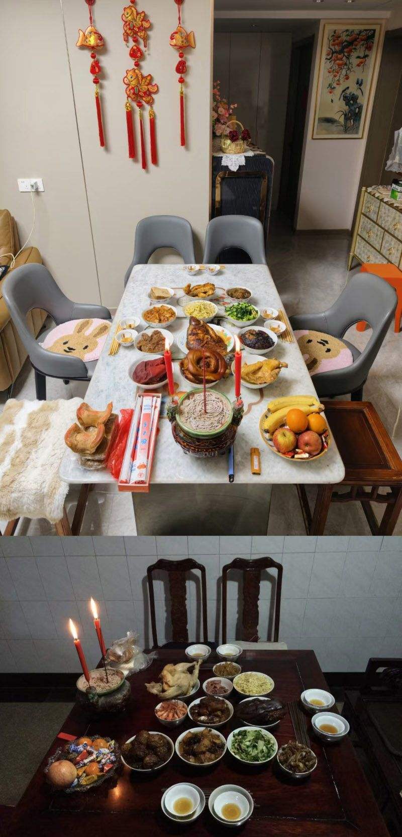 新房和老宅的祭祖餐桌。