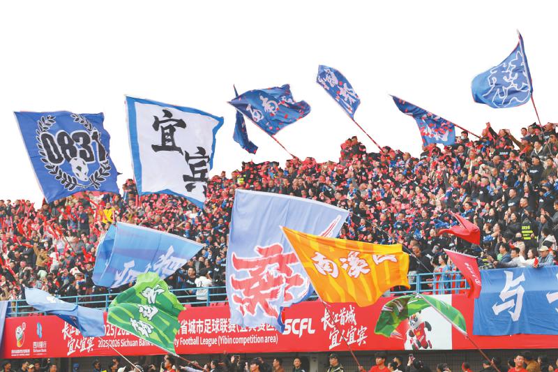 11月23日，在宜宾市体育中心南岸体育场，宜宾球迷庆祝进球。 兰锋 摄（C视觉）