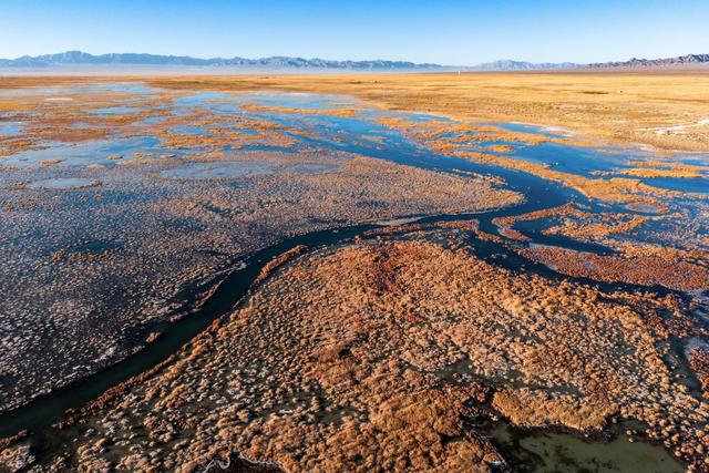 这是11月14日在河西走廊西端的甘肃省阿克塞县小苏干湖湿地拍摄的一片水域（无人机照片）。新华社记者 郎兵兵 摄