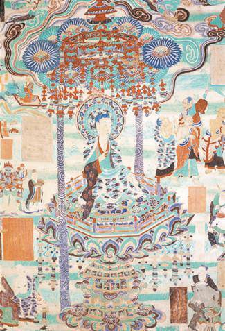 　　　莫高窟第九窟南壁《劳度叉斗圣变》局部图之斗法中的舍利弗。　图片来源：敦煌研究院官方网站