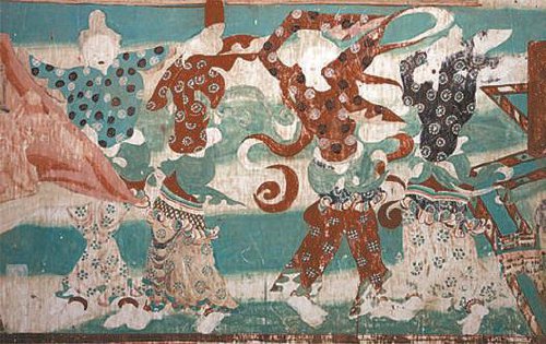 　　　莫高窟第196窟《劳度叉斗圣变》局部图之参与斗法的外道阵营中的四魔女。　图片来源：敦煌研究院官方网站