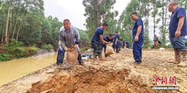 图为抢险人员在五化灌区渠堤现场装填碎石、搬运沙袋，对塌陷区域进行回填加固。覃建庭 摄