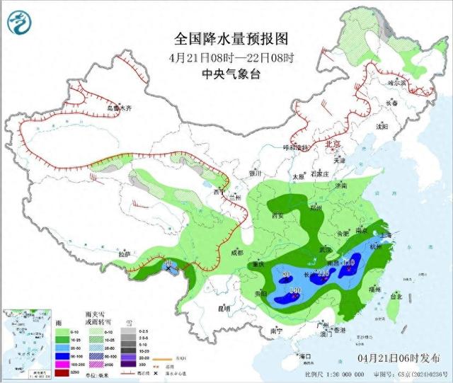 全国降水量预报图(4月21日08时-22日08时)。图片来源：中央气象台网站