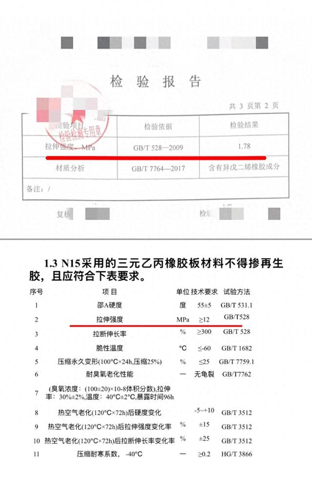 上图为记者送检结果，下图为银巴铁路项目部采购公告中质量要求。制图 刘超