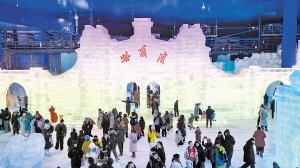 　　游客在哈尔滨冰雪大世界梦幻冰雪馆赏冰乐雪。本报记者 刘洋摄
