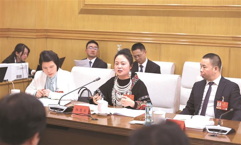 3月8日下午，全国人大代表、六盘水市水城区农业农村局农业综合开发中心主任杨恩兰（中）发言。 贵州日报天眼新闻记者 李森 摄