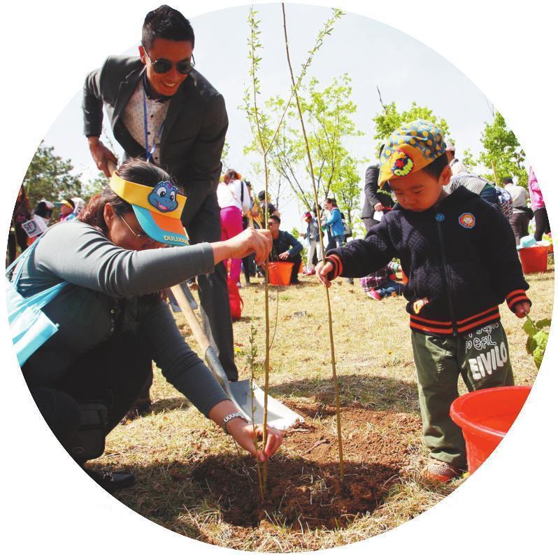 ②在沈阳方特欢乐大世界举办的公益植树活动中，小朋友在爸爸妈妈的帮助下种下一株小树。 本报记者 赵敬东 摄