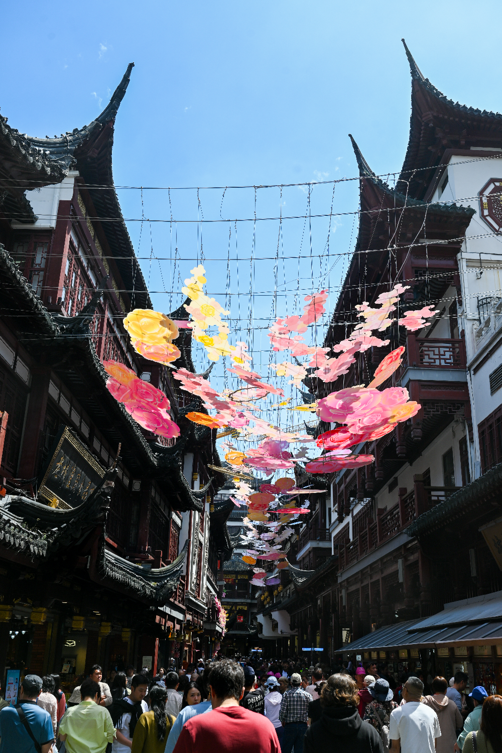 4月18日，上海豫园商城，凝晖路上的茶花仙子·花悬锦绣装置。澎湃新闻记者 朱伟辉 图