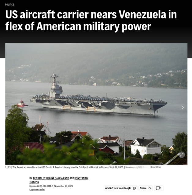 △美联社报道，“福特”号航母将在数日内抵达委内瑞拉近海，美国的这种军事力量展示，在拉美已有数代人未曾见过。