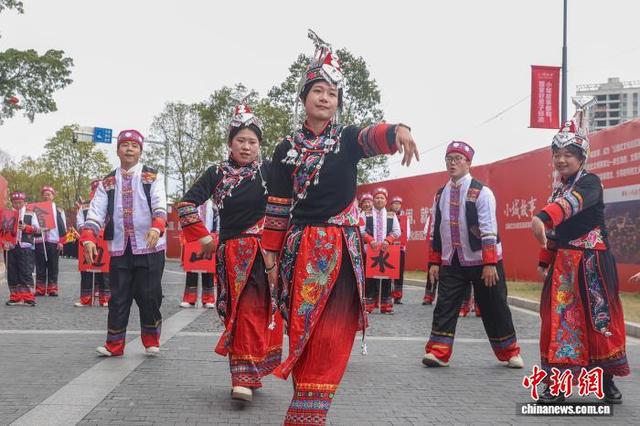 图为身着畲族服饰的巡游队伍在表演。中新社记者 刘力鑫 摄