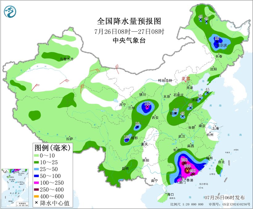图5 全国降水量预报图（7月26日08时-27日08时）