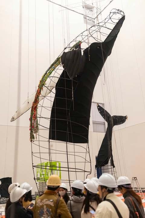 “鲸鱼的致敬”展览正在搭建中。赖鑫琳 摄