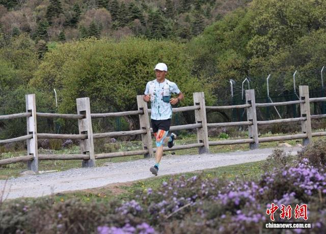 5月23日，一名参加生态体育公园越野挑战赛途经杜鹃花海。 黄兴鸿 摄