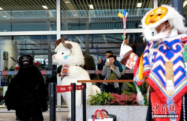 图为5月17日，搭乘“雪域古城·圣地拉萨”主题飞机的旅客在拉萨贡嘎国际机场受到热情迎接。李林 摄