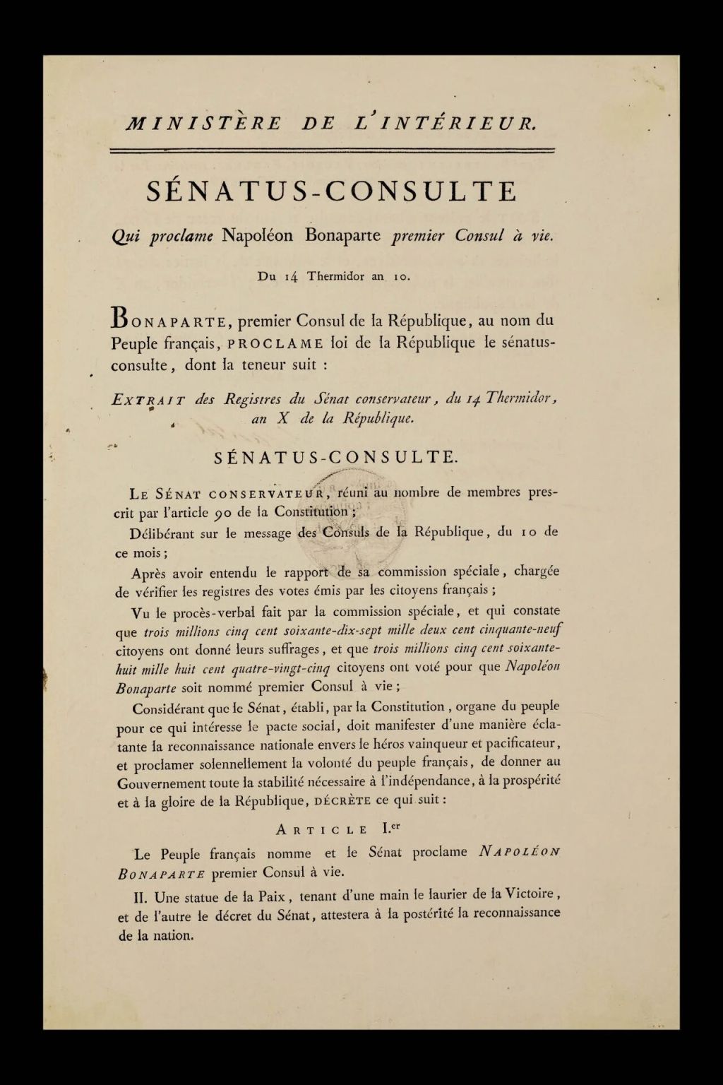 拿破仑·波拿巴1802年终身执政证书第二份文本：依据公投结果“宣告拿破仑·波拿巴为终身第一执政”