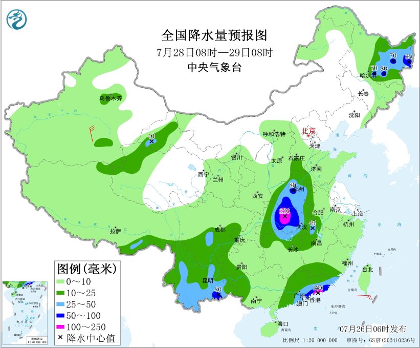 图7 全国降水量预报图（7月28日08时-29日08时）