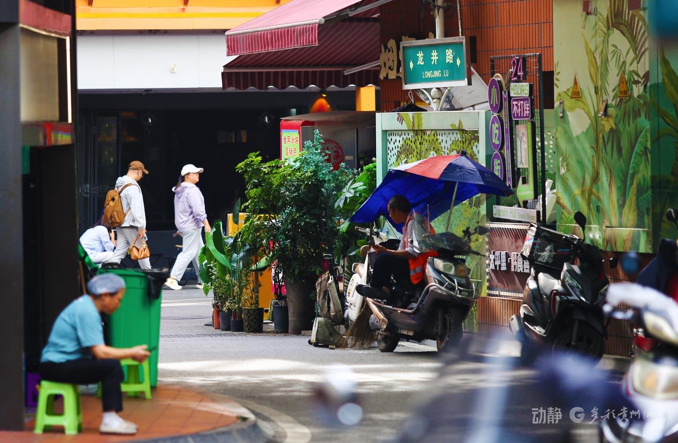 　　龙井路上绿植点缀，行人与休憩者，共织生活闲趣图