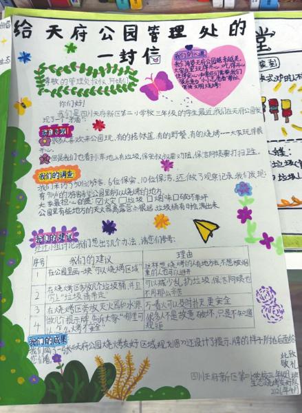 小学生手绘的调研手稿和倡议信。四川日报全媒体记者李媛莉摄
