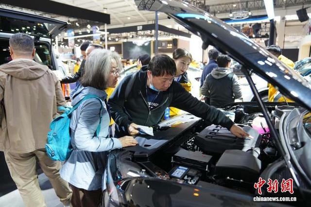 图为市民研究展出的汽车。中新社记者 刘冉阳 摄