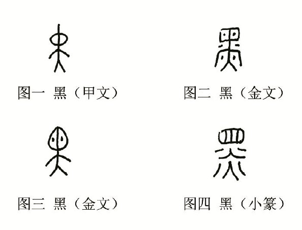图一 黑（甲文） 图二 黑（金文） 图三 黑（金文） 图四 黑（小篆）