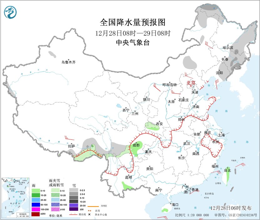 图1 全国降水量预报图（12月28日08时-29日08时）