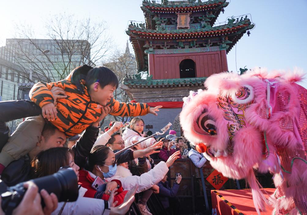   2月17日，游客在北京市朝阳区东岳庙庙会上摸狮头。新华社记者 陈钟昊 摄