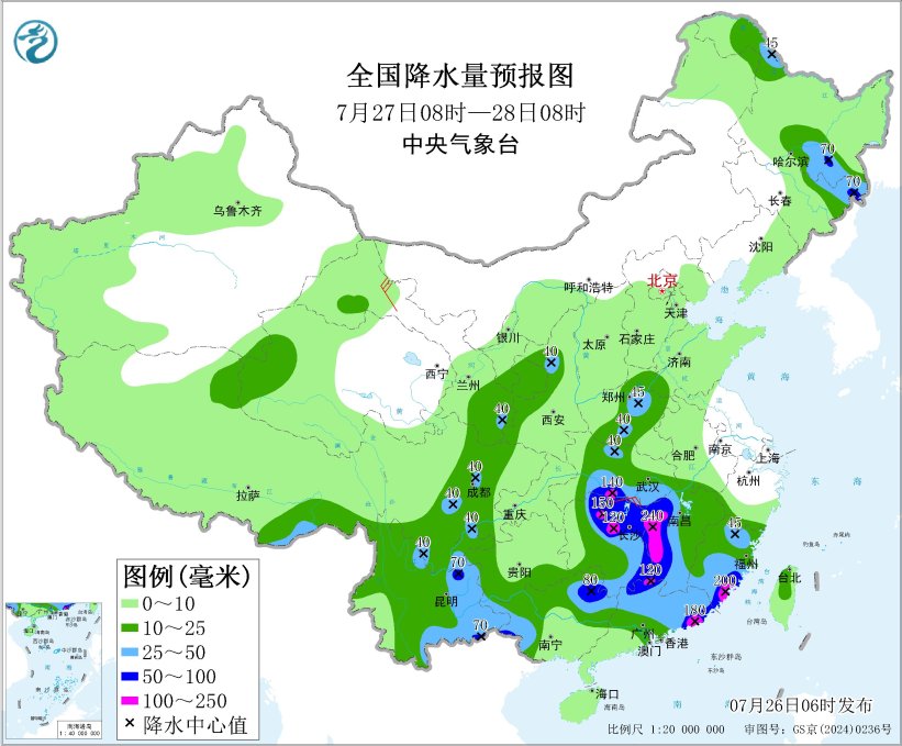 图6 全国降水量预报图（7月27日08时-28日08时）