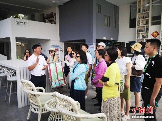 图为全国人大代表、三亚博后村党总支部书记、村委会主任苏少洪(左一)向来访者介绍博后村民宿产业发展情况。(苏少洪 供图)